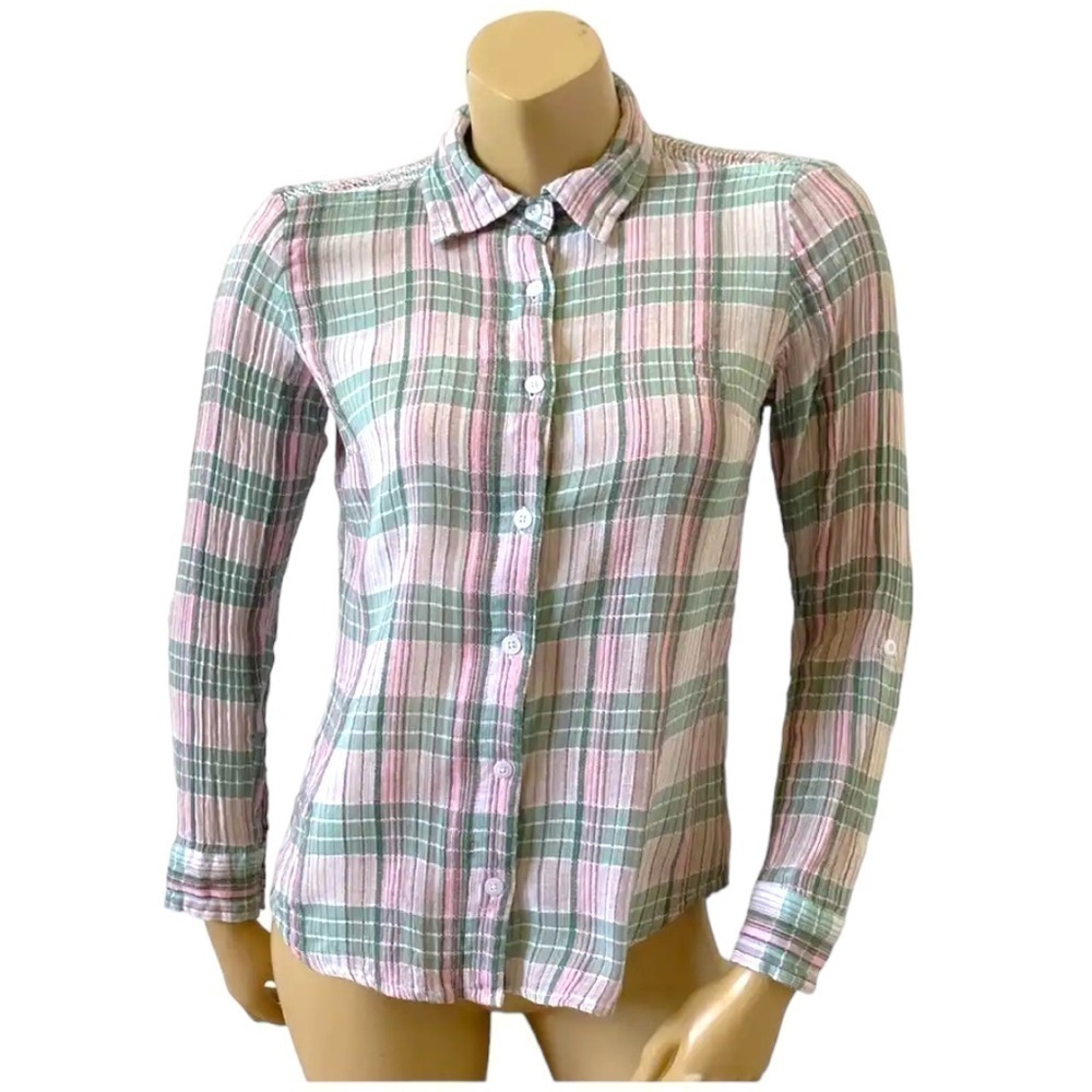 Caribbean Joe Lightweight Plaid Button Up Top with Roll Tab Sleeves